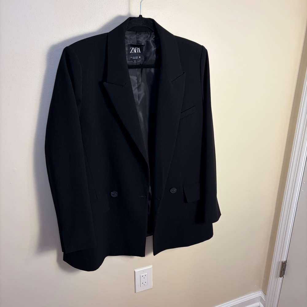 Zara Blazer Women L Black Double Breasted Peak Lapel Long Sleeve Professional - Picture 3 of 8